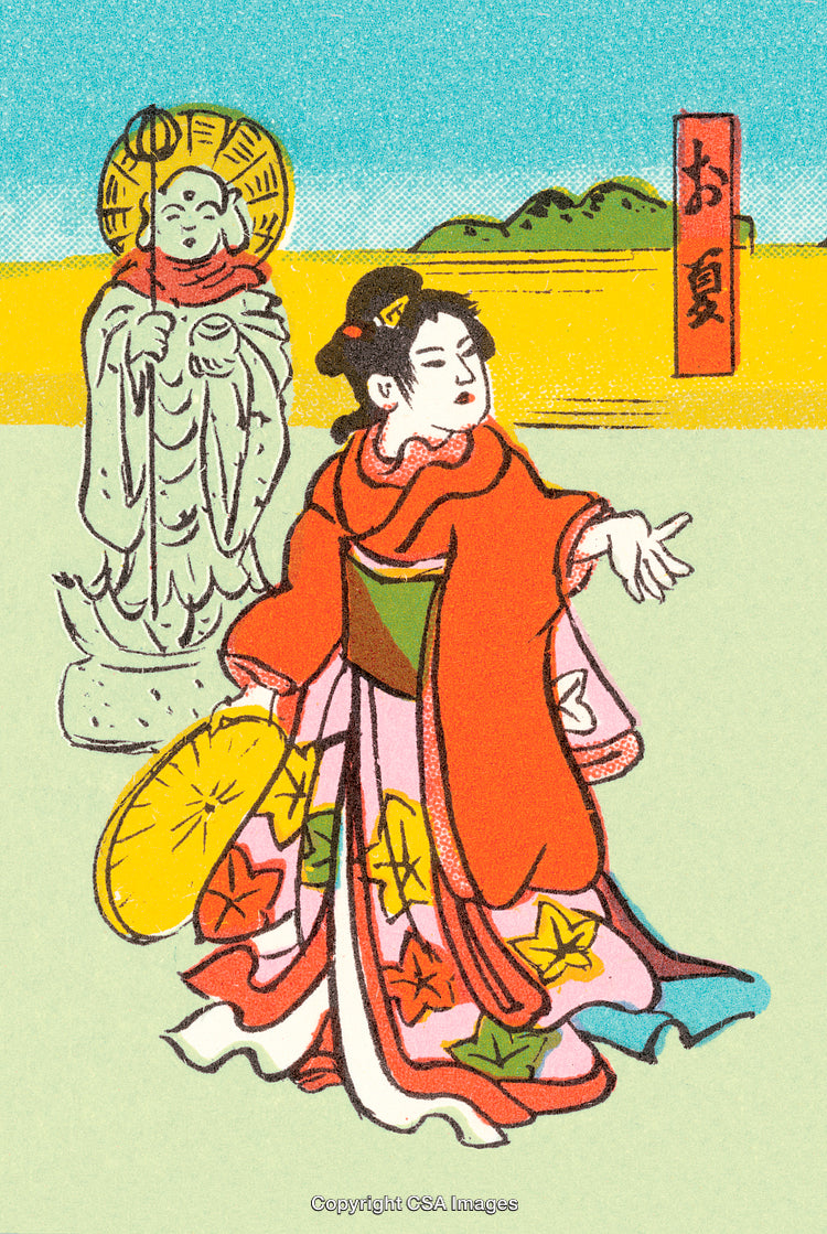 Traditional Japanese Woman and Statue in a Vibrant Cultural Scene Illustration
