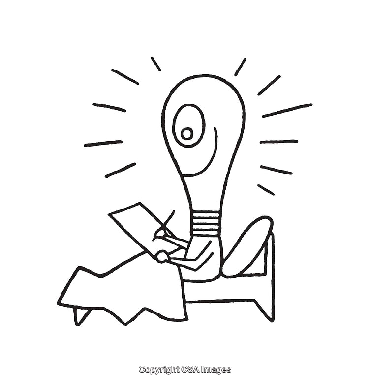 Creative Cartoon Design Featuring Lightbulb Character Drawing on Notepad