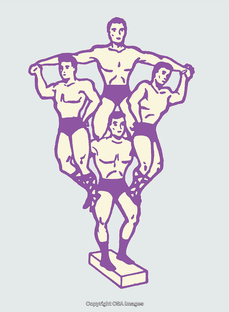 Line Art Illustration of Four Acrobats Forming a Human Pyramid