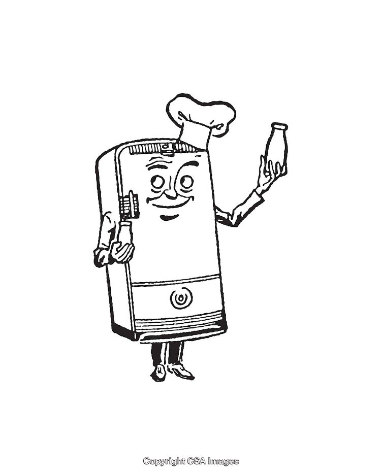 Chef-Inspired Refrigerator Character in Playful Line Art Illustration
