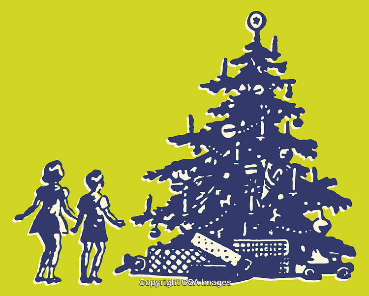 Festive Scene with Children and Decorated Christmas Tree in Vibrant Colors