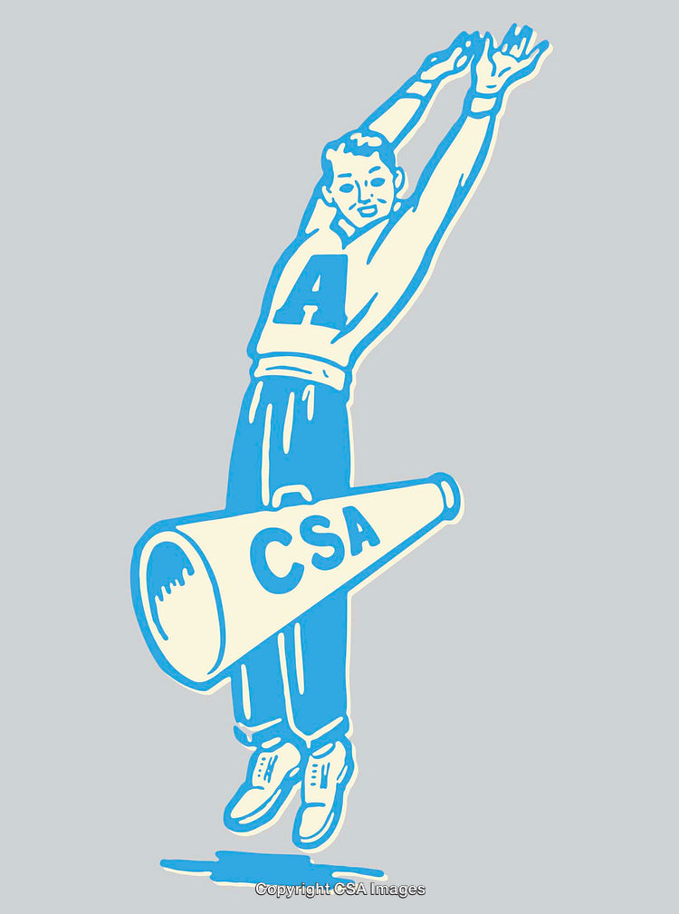 Retro Cheerleader Illustration with Blue and White Colors on Gray Background
