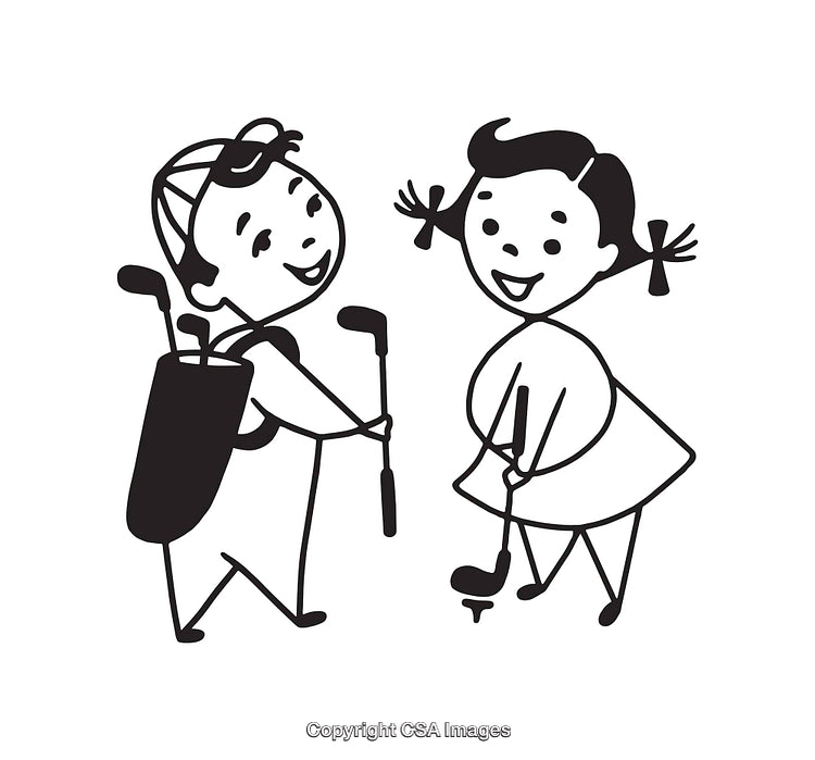 Children Playing Mini Golf in Black and White Line Art Illustration