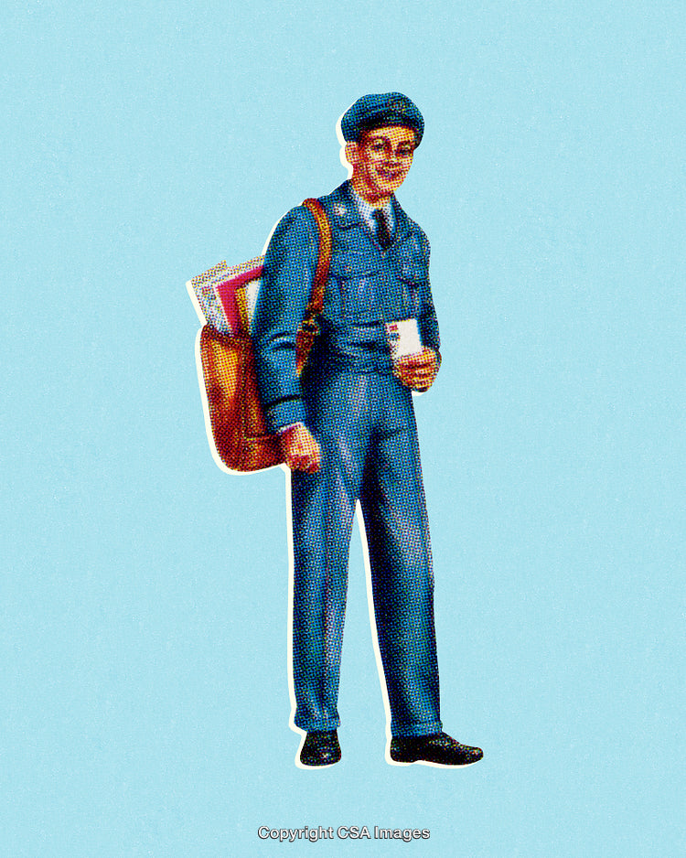 Retro Illustration of a Mailman Wearing Uniform and Holding Letters on Light Background