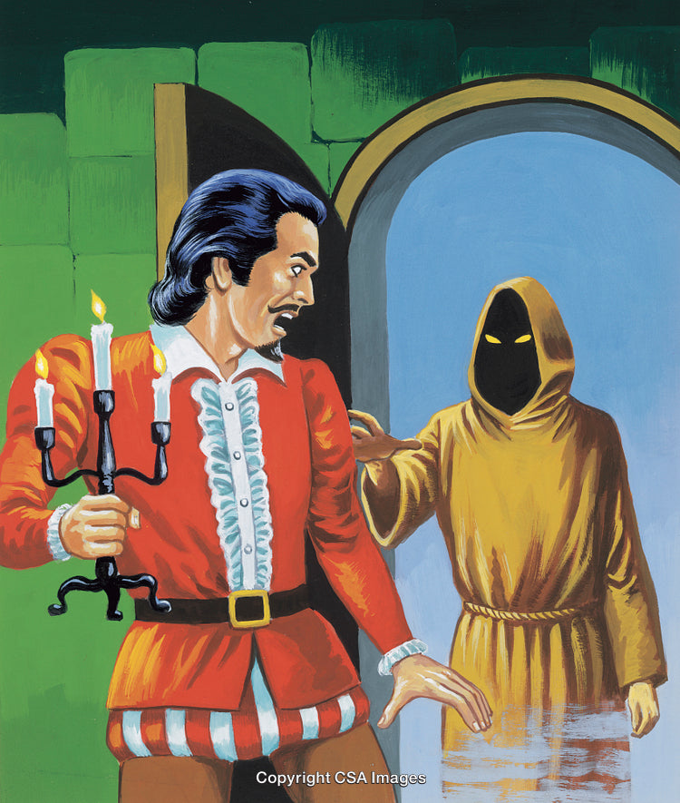 Mysterious Cloaked Figure Approaches Startled Man Holding Candelabra in Castle