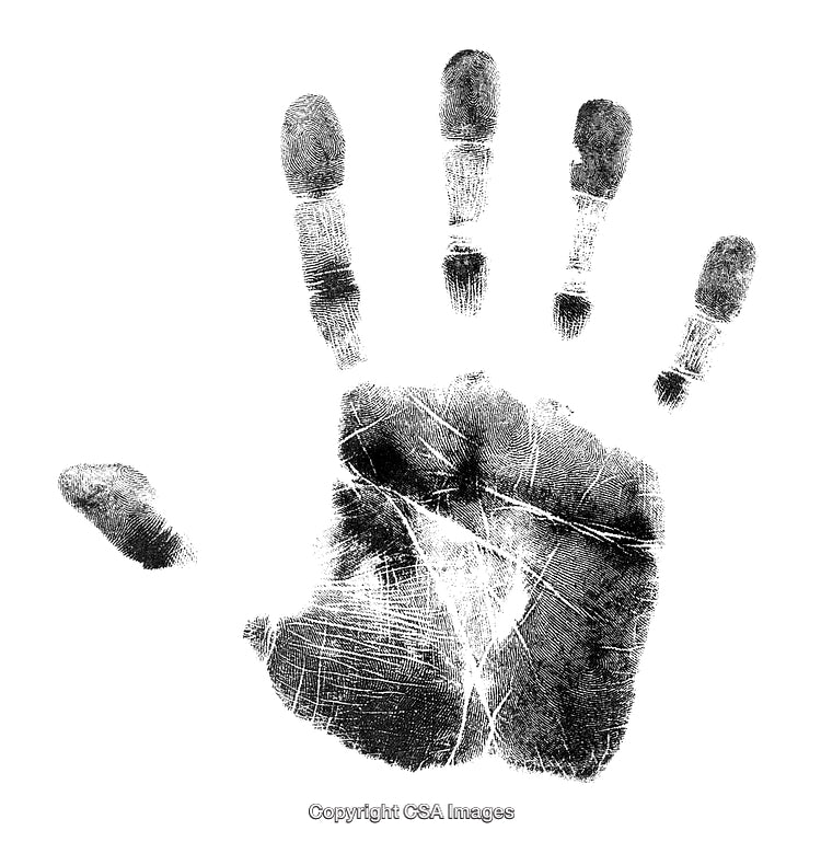 Detailed Black and White Engraving of a Handprint with Textured Patterns