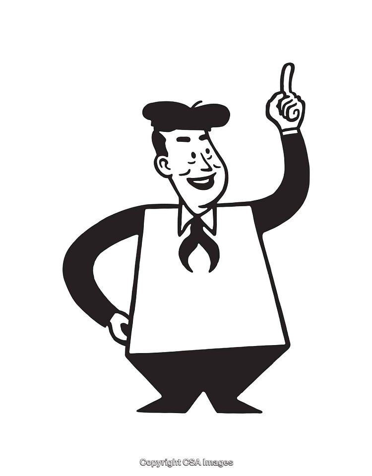 Retro Style Line Art Illustration of Smiling Man Pointing Up