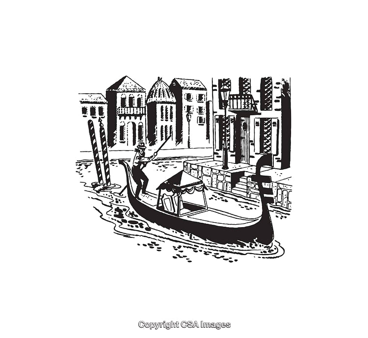 Black And White Line Art of a Gondola in Venetian Canal