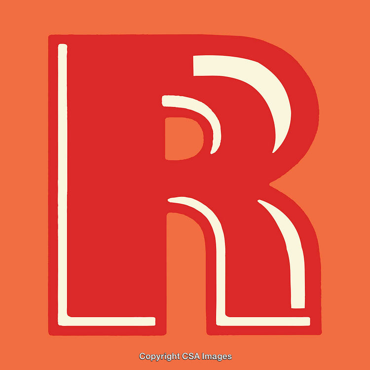 Vintage Design of Large Letter R in Bold Red On Orange Backdrop