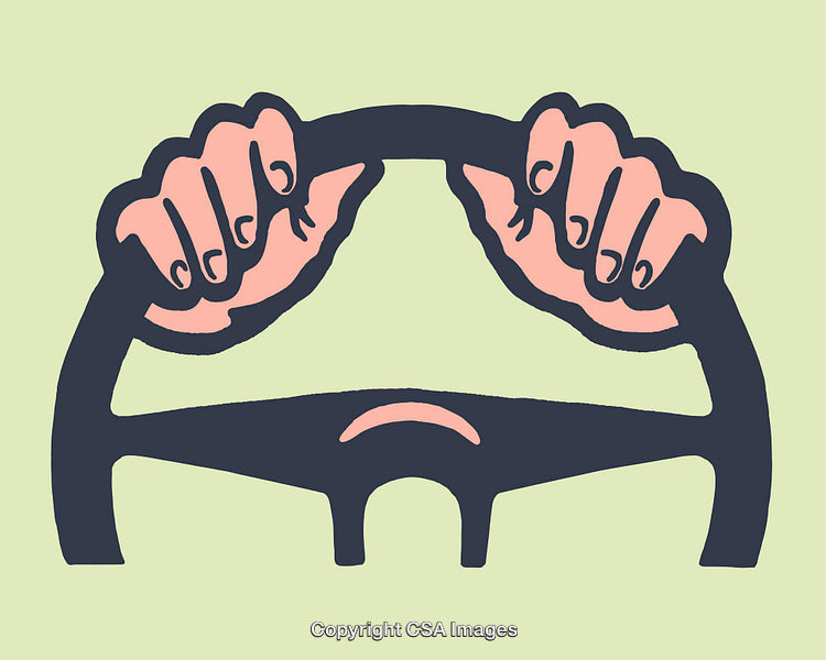 Illustration of Hands Gripping a Steering Wheel in Bold Colors