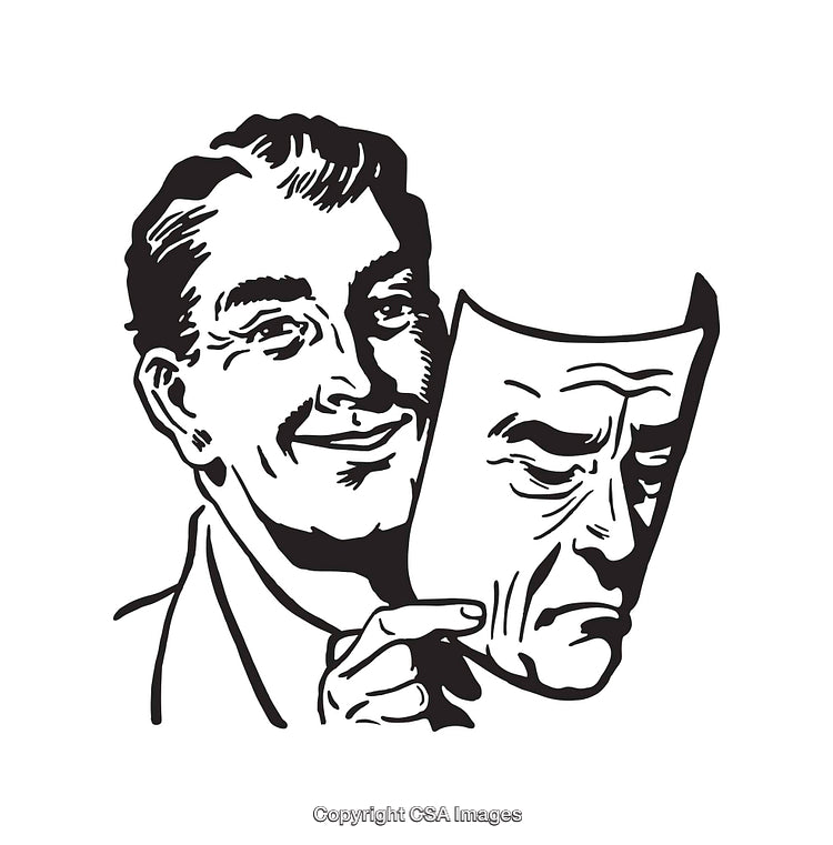 Vintage Line Art of Man Holding a Sad Mask and Smiling