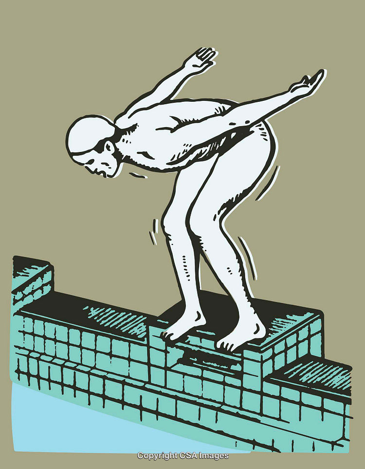 Line Art Illustration of a Diver Preparing to Dive Into the Pool