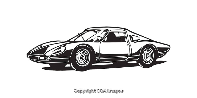 Black and White Line Art Illustration of a Classic Sports Car