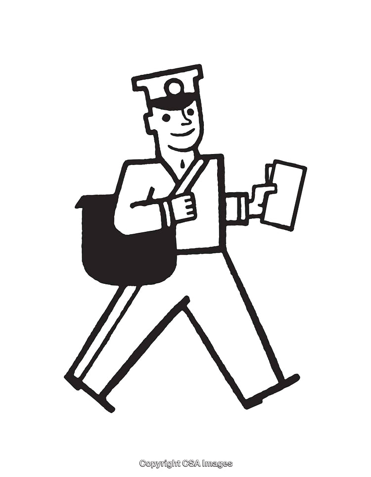 Vintage Black and White Illustration of a Friendly Mail Carrier