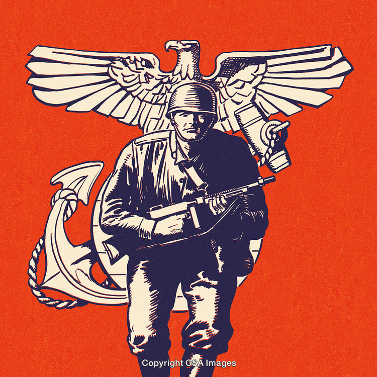 Illustration of a Soldier with Shield Emblem on Red Background