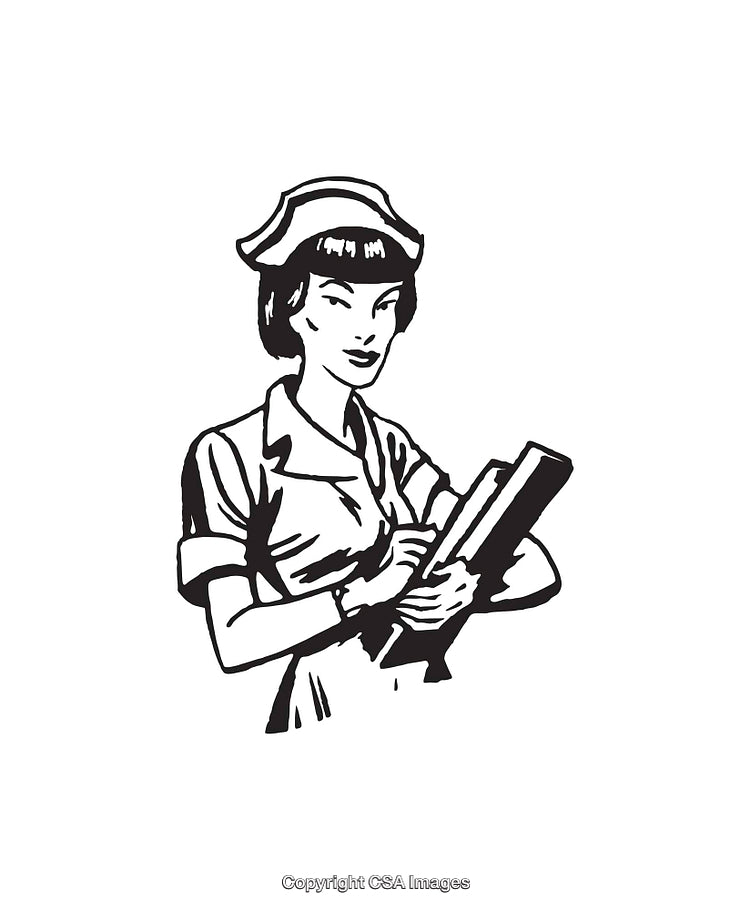 Retro Nurse Illustration in Black and White Line Art Style
