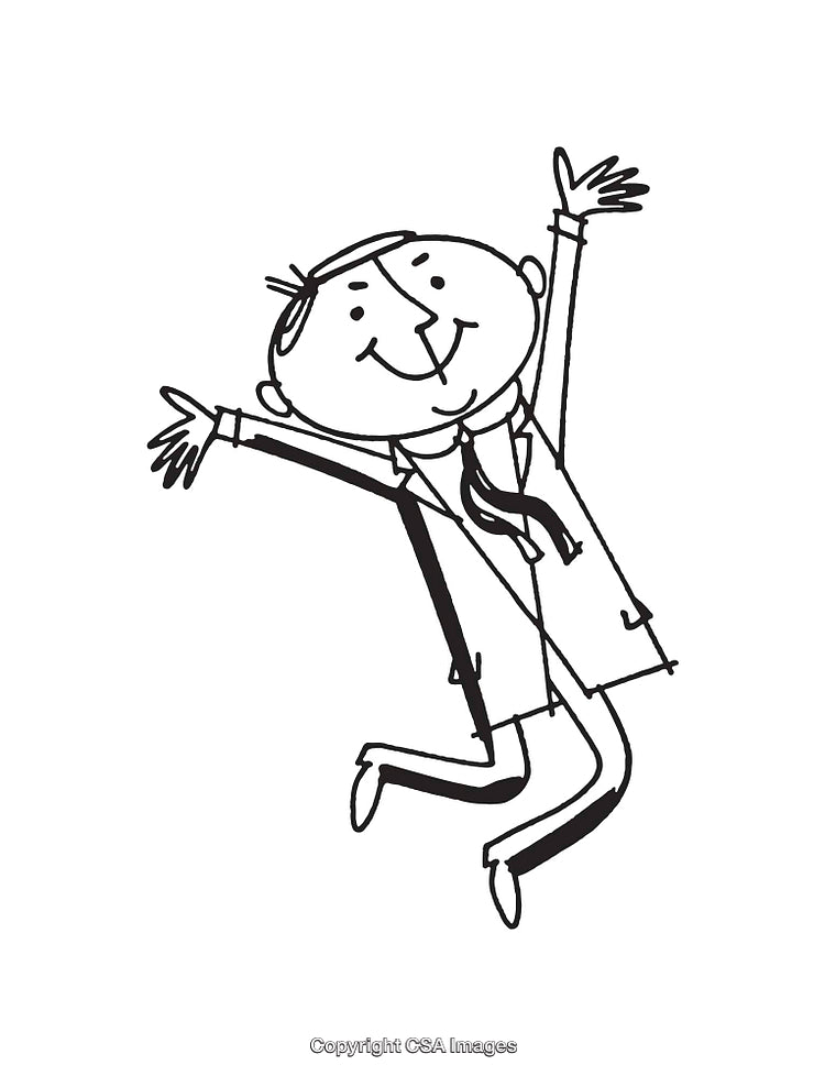 Black and White Line Art of a Joyful Cartoon Businessman Jumping