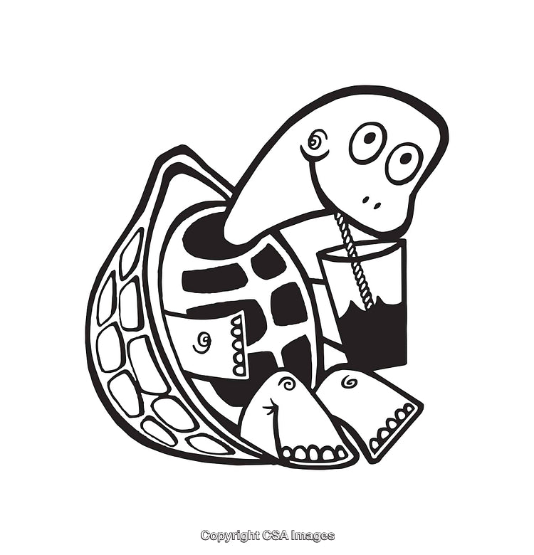 Playful Black-and-White Cartoon Line Art of a Cheerful Turtle
