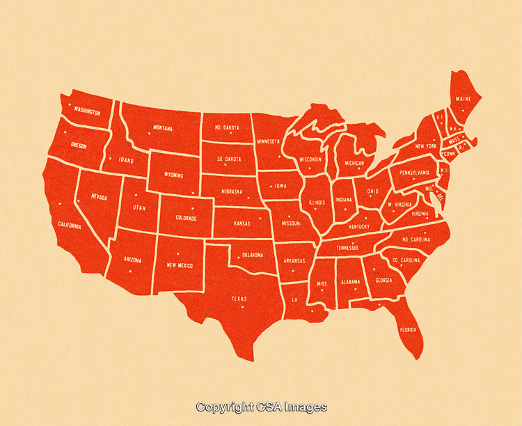 Illustrated Map Depicting Simplified United States State Outlines in Red on Beige