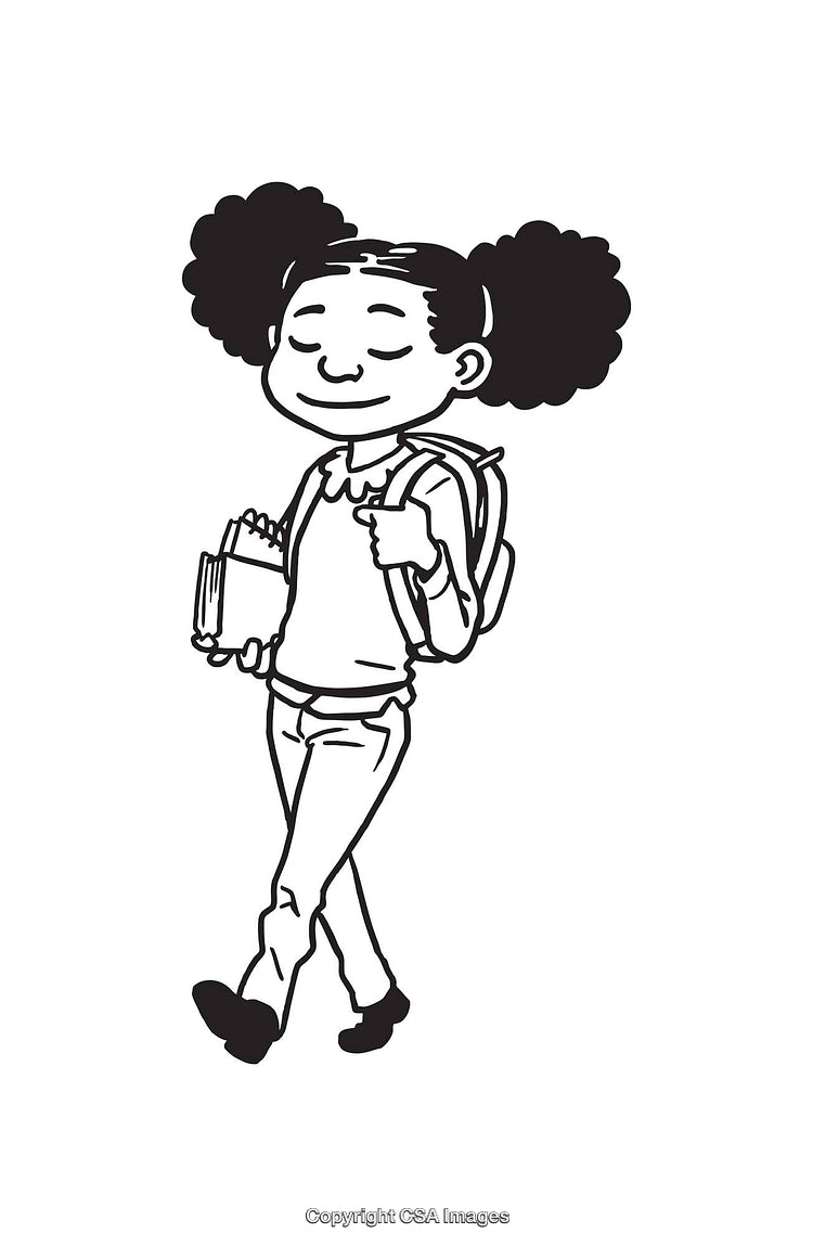 Black and White Line Art of Student Carrying Backpack and Notebook Walking Calmly