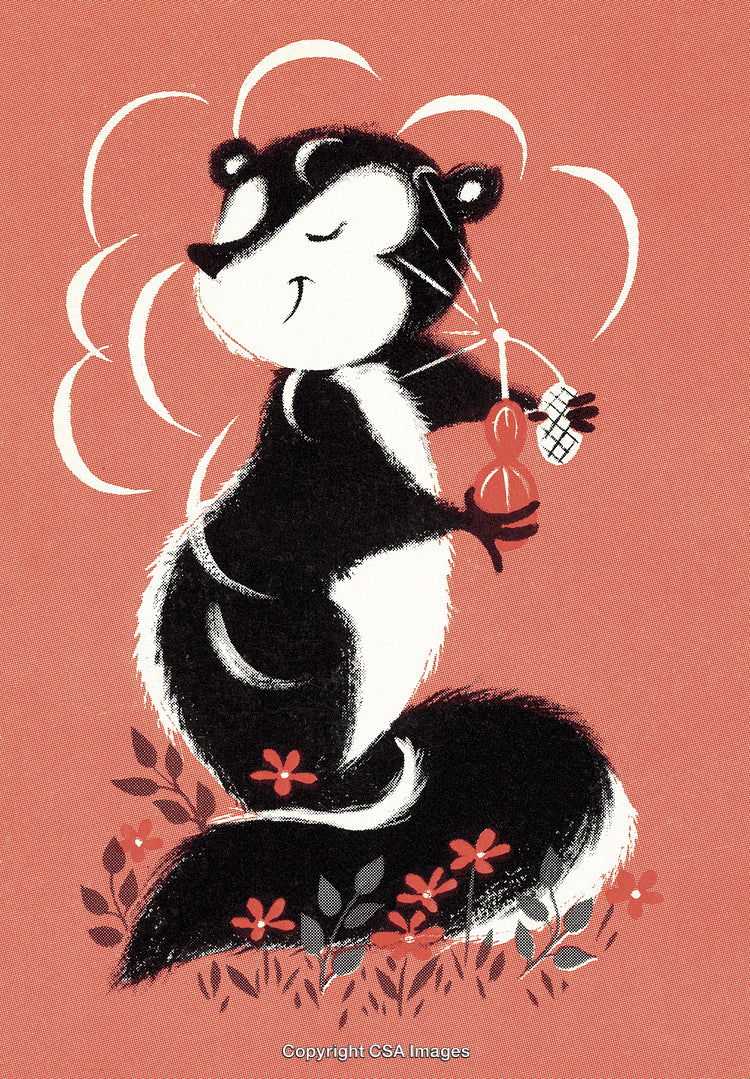 Charming Skunk Illustration with Red Background and Flowers