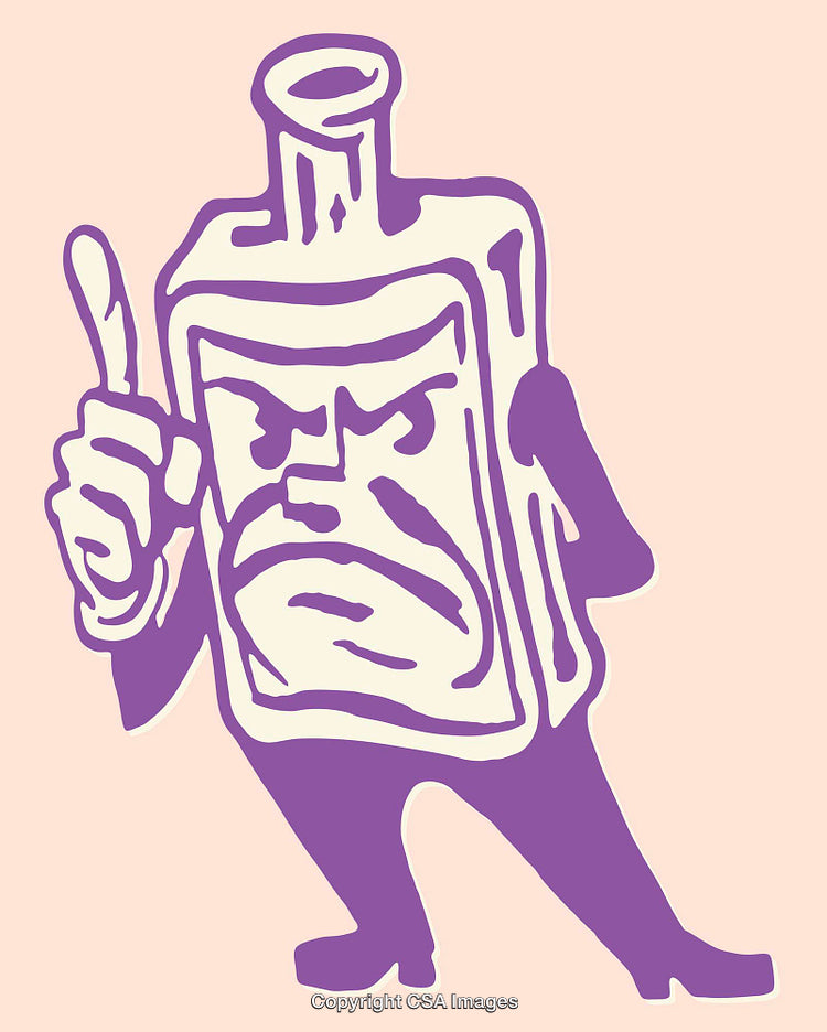 Bold Illustrated Bottle Character with Expressive Face in Purple Tones
