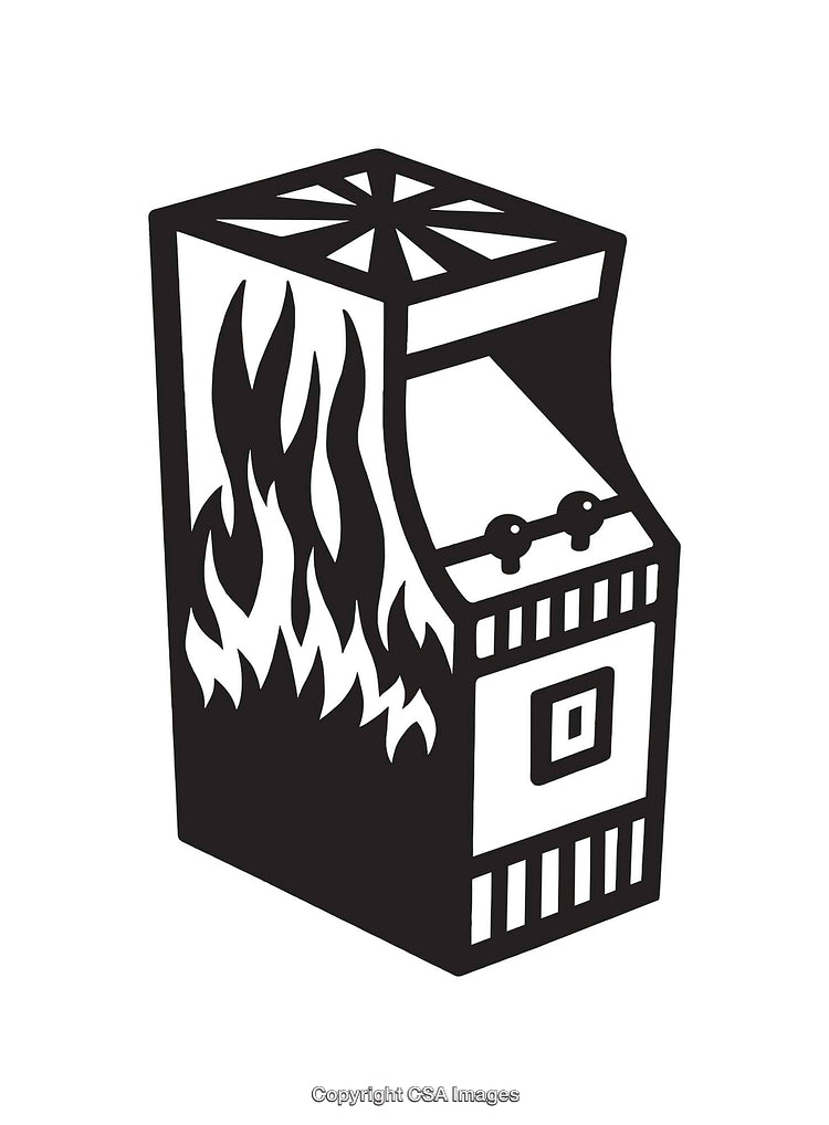 Black and White Arcade Machine Illustration with Flame Design