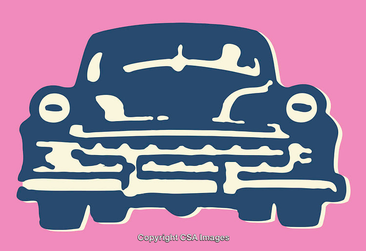 Retro Car Graphic Illustration in Blue and Cream on Pink Background