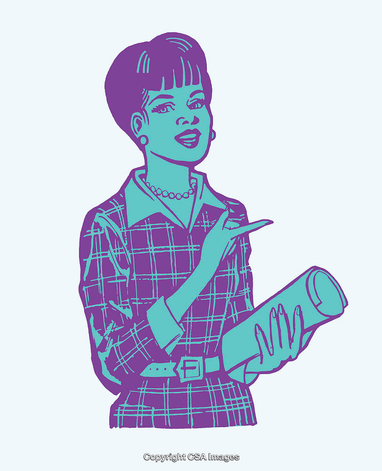 Colorful Illustration of a Retro Woman Holding a Rolled Document