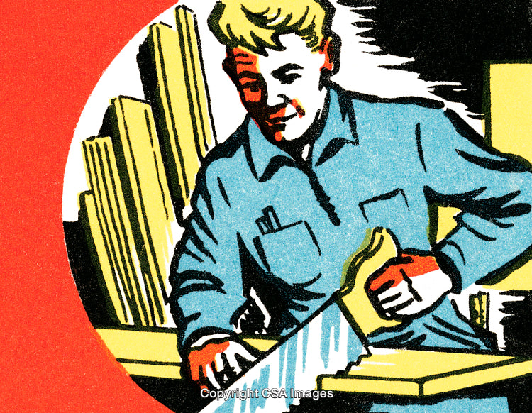 Retro Illustration of a Craftsman Using a Hand Saw in a Workshop Setting