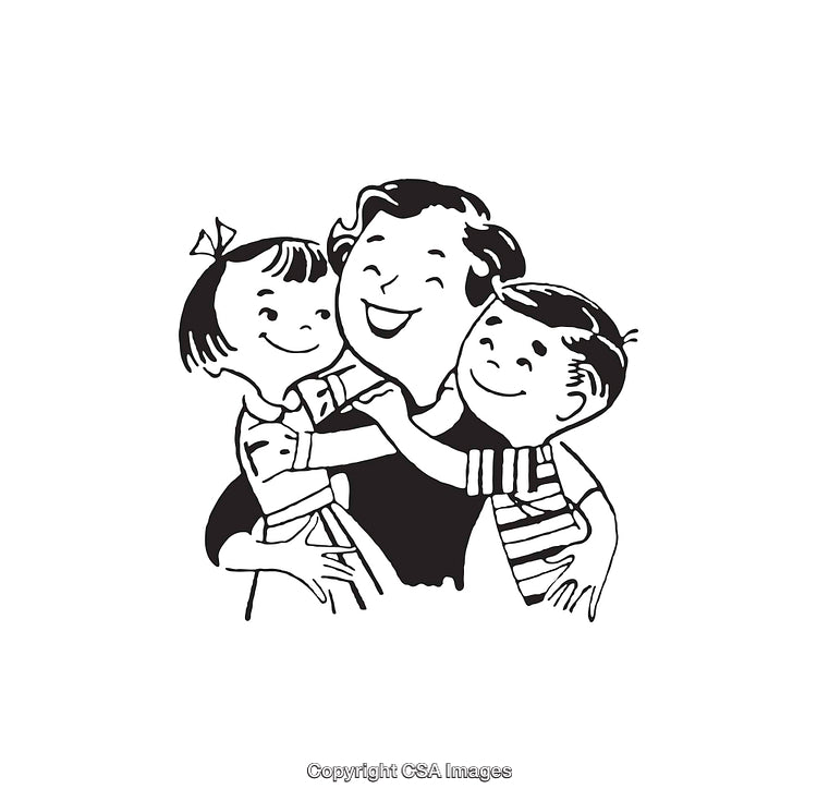 Black and White Illustration of a Happy Family Embracing Together