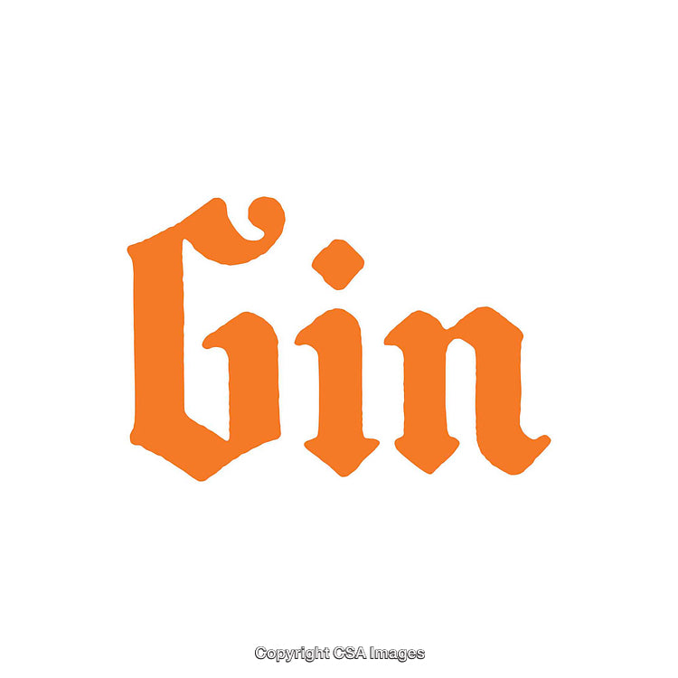 Retro Styled Bold Typography Gin Label with Orange Text on White Background
