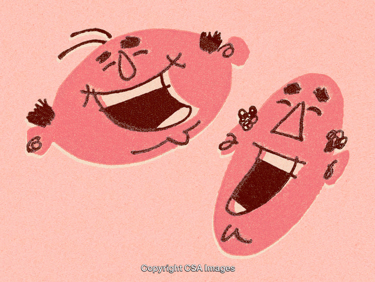 Cartoon Illustration of Two People Laughing Together on a Pink Background