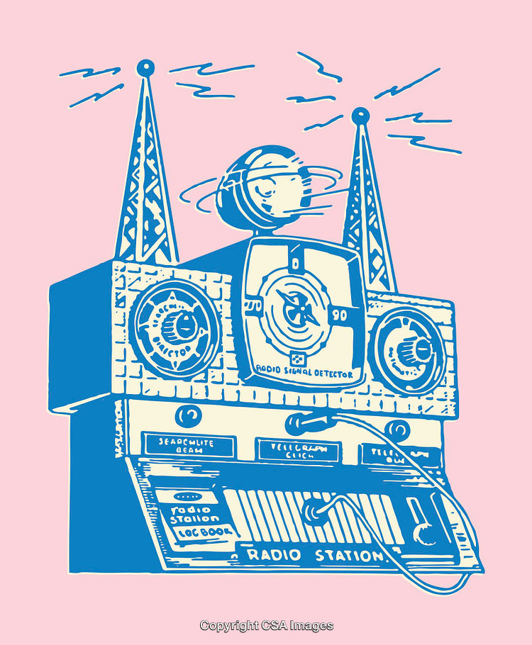 Vivid Line Art of a Retro Radio and Extraterrestrial Elements