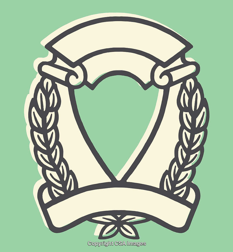 Elegant Line Art Wreath Emblem with Scroll on Green Background