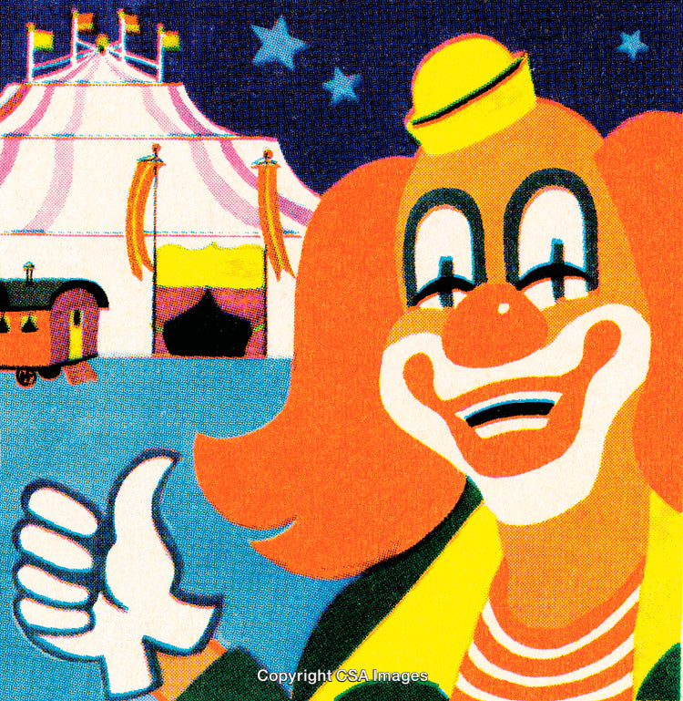 Illustrative Clown Near a Circus Tent Under a Starry Night Sky