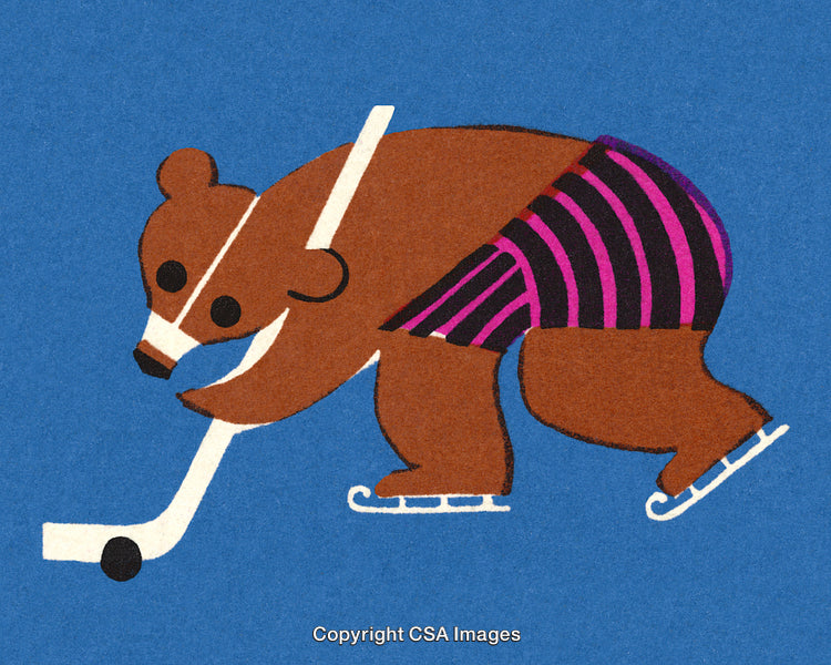 Illustration of a Hockey-Playing Bear on Ice in Vibrant Colors