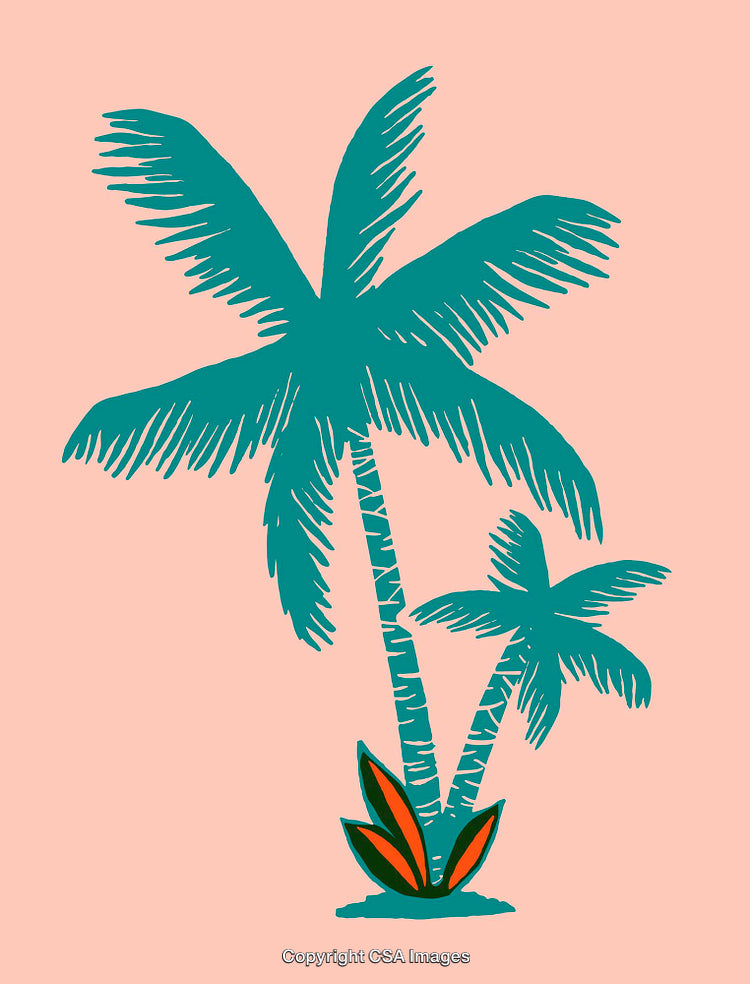 Tropical Palm Trees and Leaves Illustration on a Minimal Pastel Background