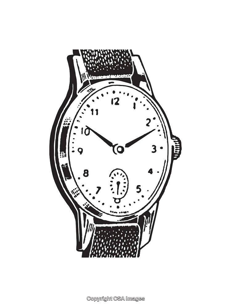 Black and White Illustration of a Classic Wristwatch Drawing