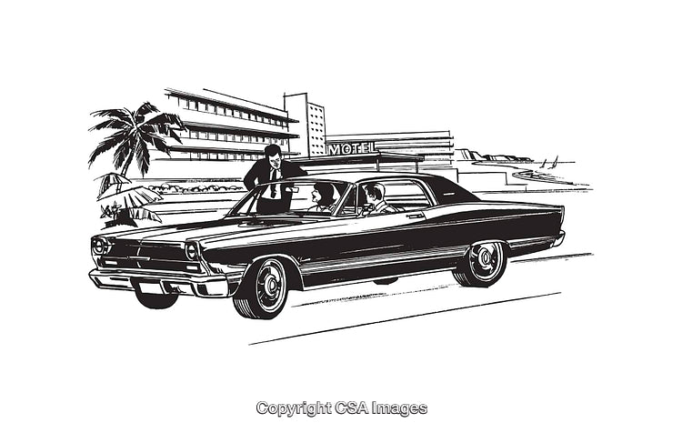 Vintage Line Art of Car and Motel with Retro Aesthetic
