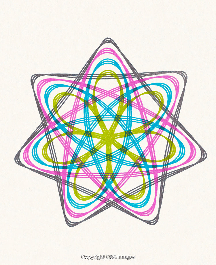 Colorful Geometric Starburst Created with Intersecting Lines and Patterns