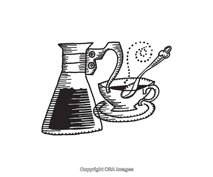 Black and White Line Art of Coffee Cup and Chemex Brewing Scene