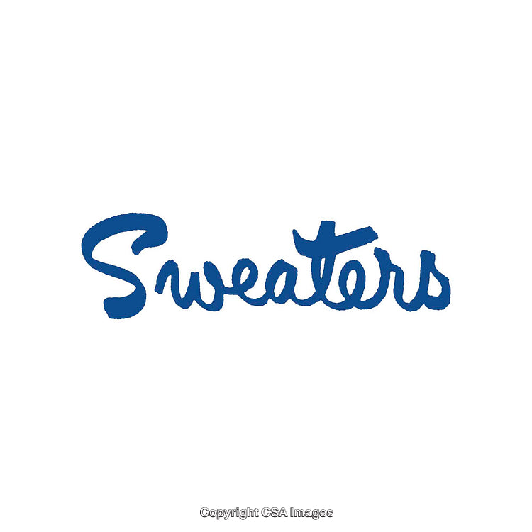 Blue Handwritten Text on White Background Representing Sweaters