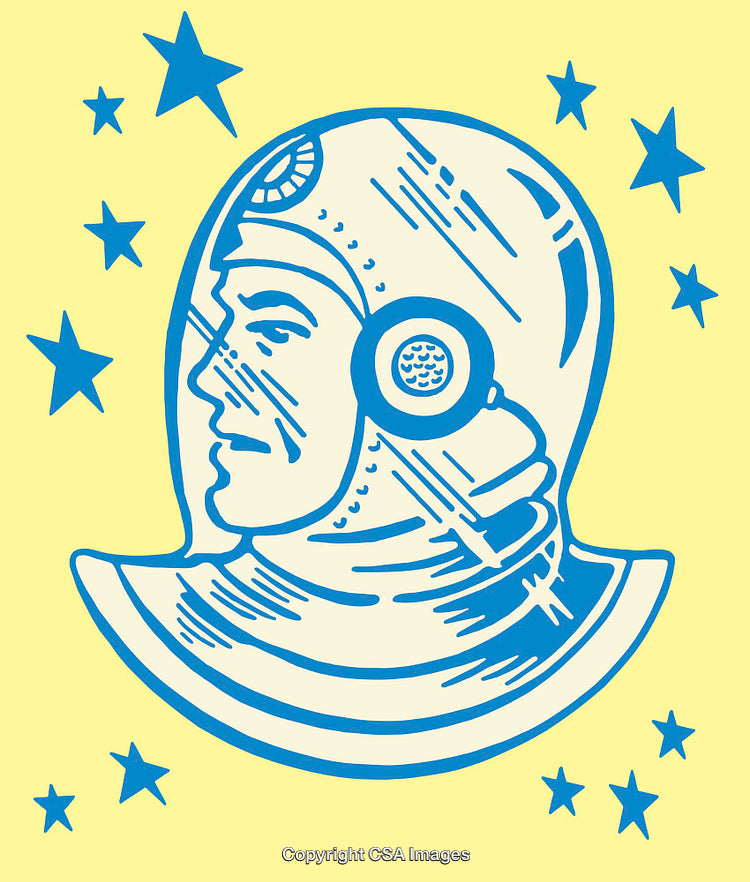 Retro Line Art Illustration of Astronaut with Stars on Yellow Background