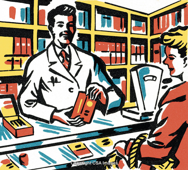 Retro Pharmacy Scene With Pharmacist Assisting Customer at Counter