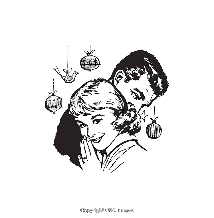 Retro Line Art Illustration Depicting Festive Holiday Cheer and Romance