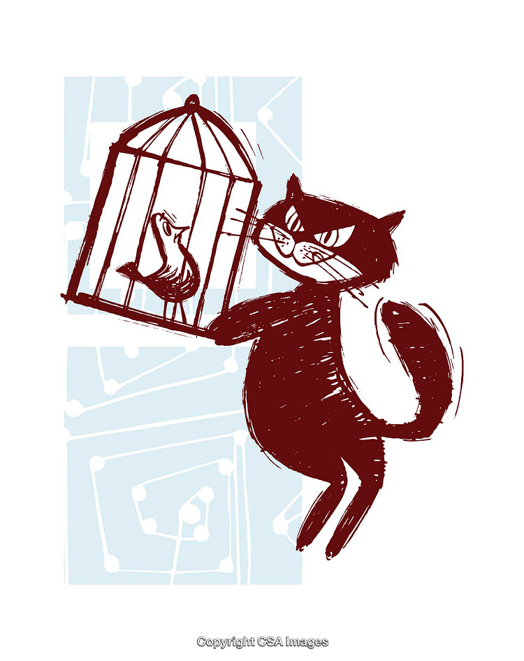 Whimsical Illustration of Cat Holding Bird in Cage with Abstract Background