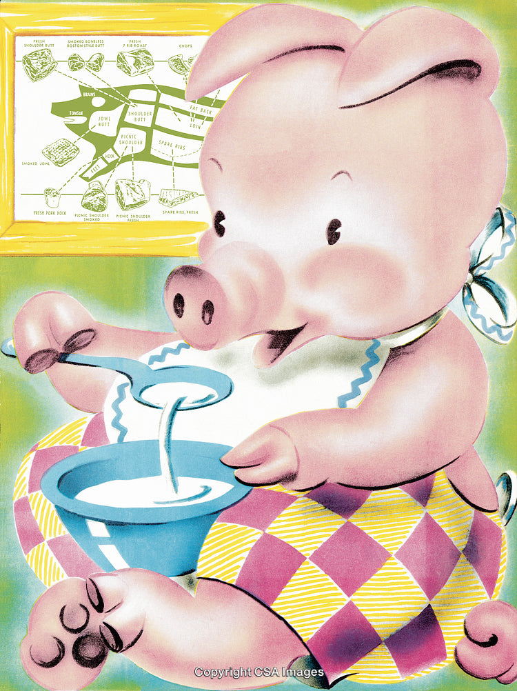 Illustration of a Cheerful Cartoon Pig Mixing Ingredients in a Colorful Setting