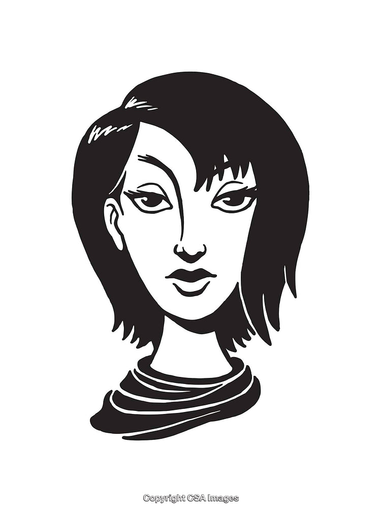 Black and White Line Art Illustration of a Woman's Face with Dark Hair