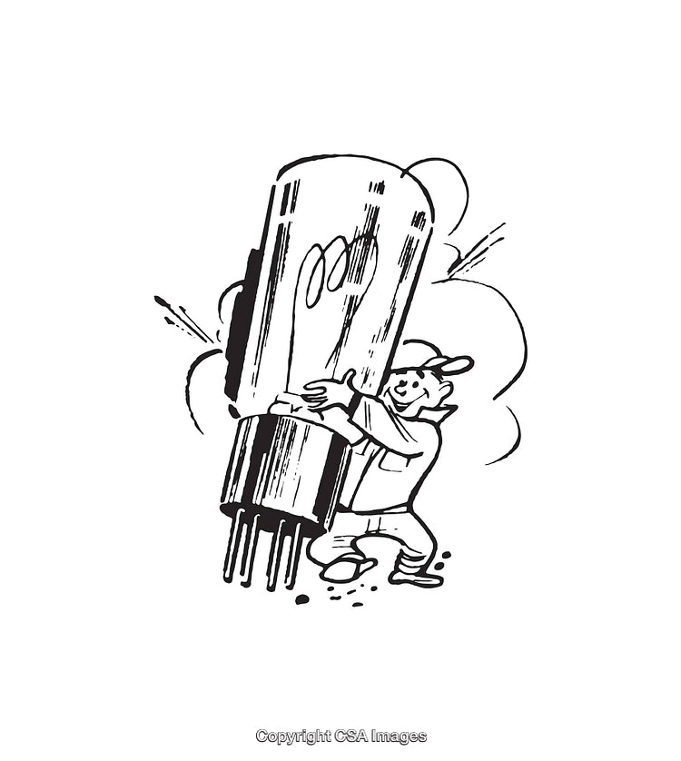Retro Line Art of Worker Holding Large Electronic Component with Smiling Expression